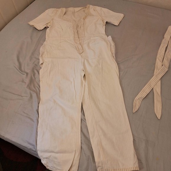 Striped Cotton Jumpsuit Sweetheart Neckline Tie Waist White Grey US12 - US14 - Picture 9 of 11